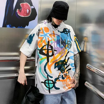 Grafiti Gobtuvu trumparankoviai marškinėliai vyriški Vasaros Plonas Europos ir Amerikos Populiarios Markės Hip-hop ' o Sportinis Stilius Laisvas Hoodie